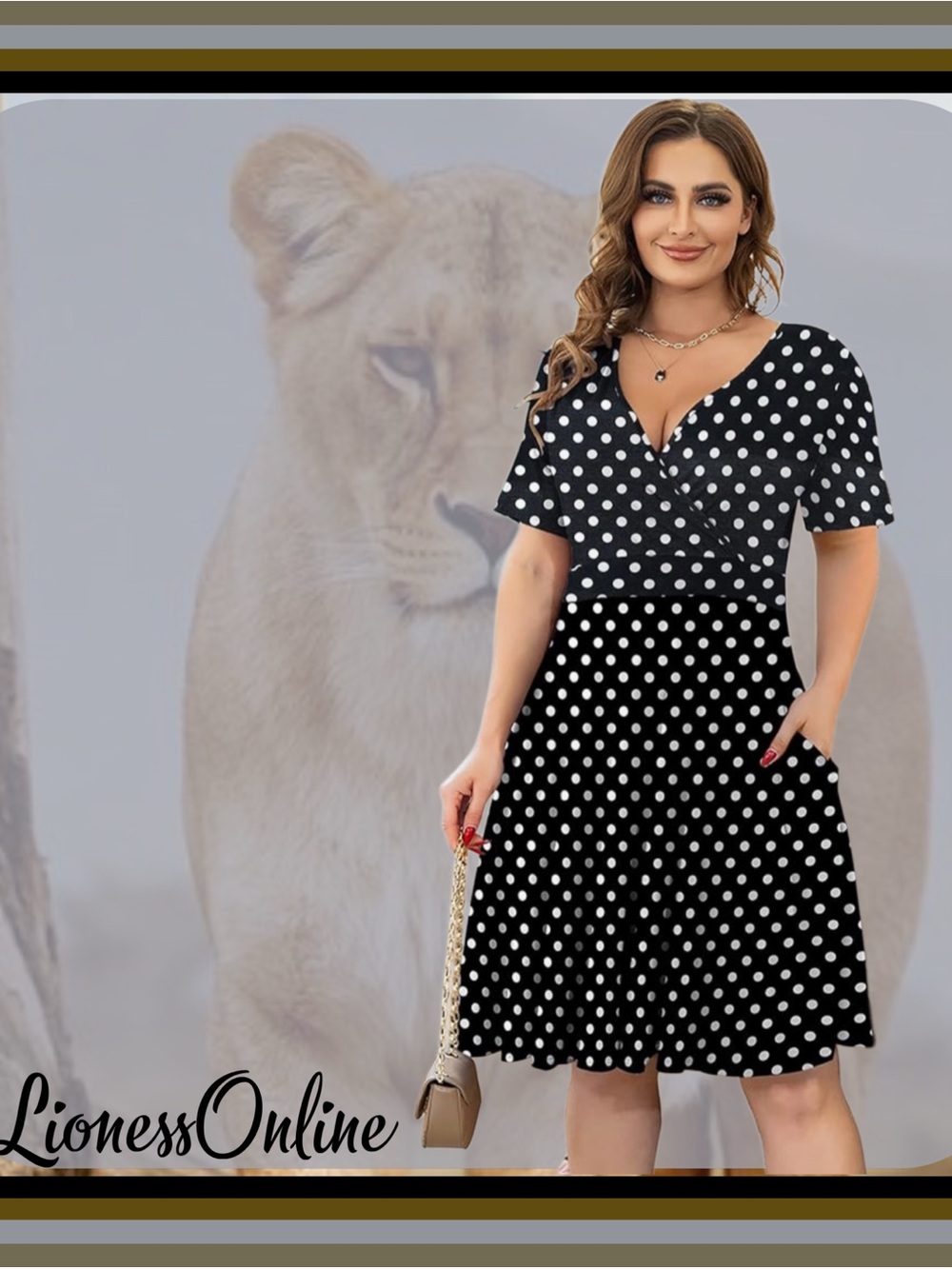 Ahlaray - Polka Dot, Faux Wrap Fit & Flare Dress - Black/White Sz 2X